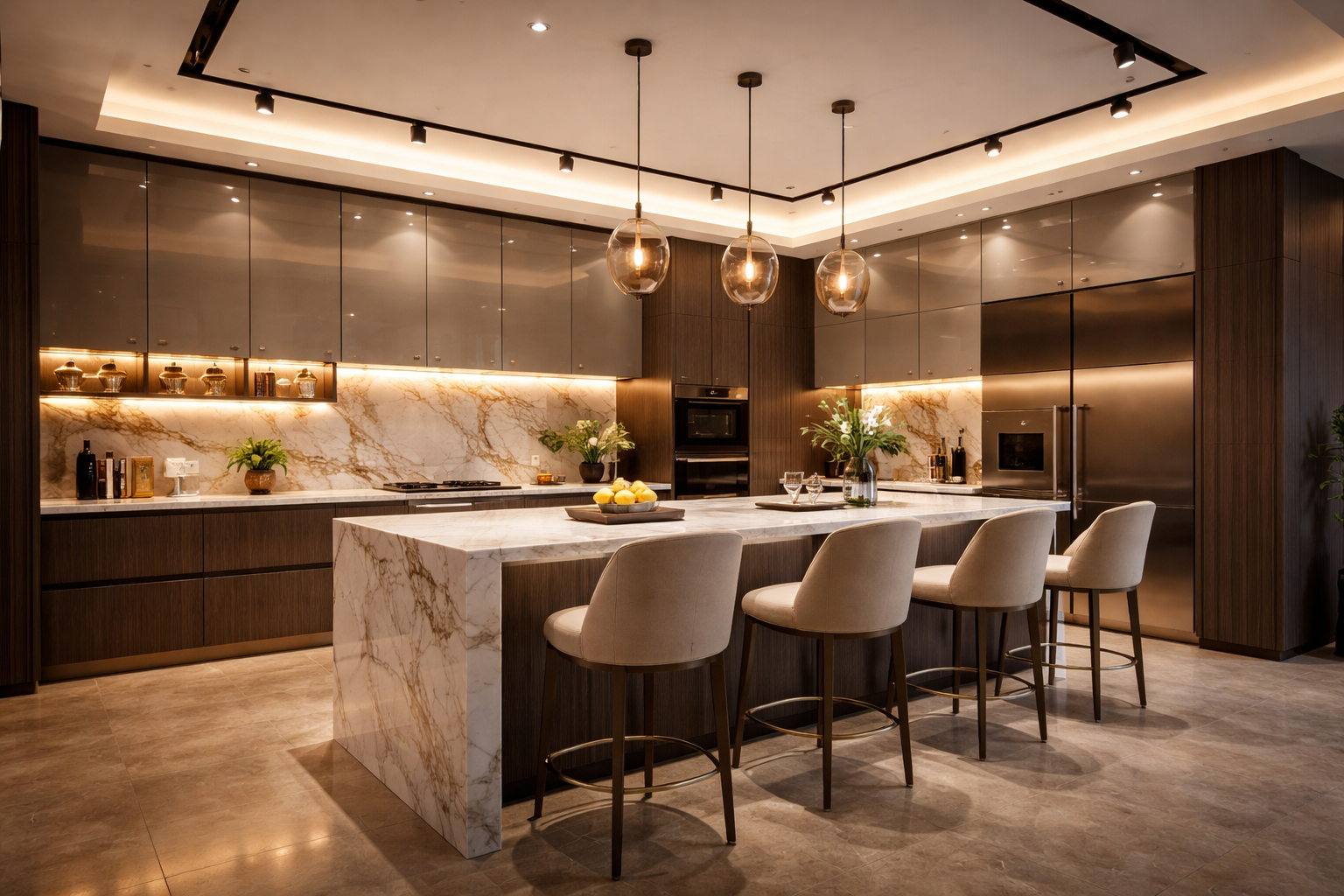 Kitchen and dining area with layered smart lighting